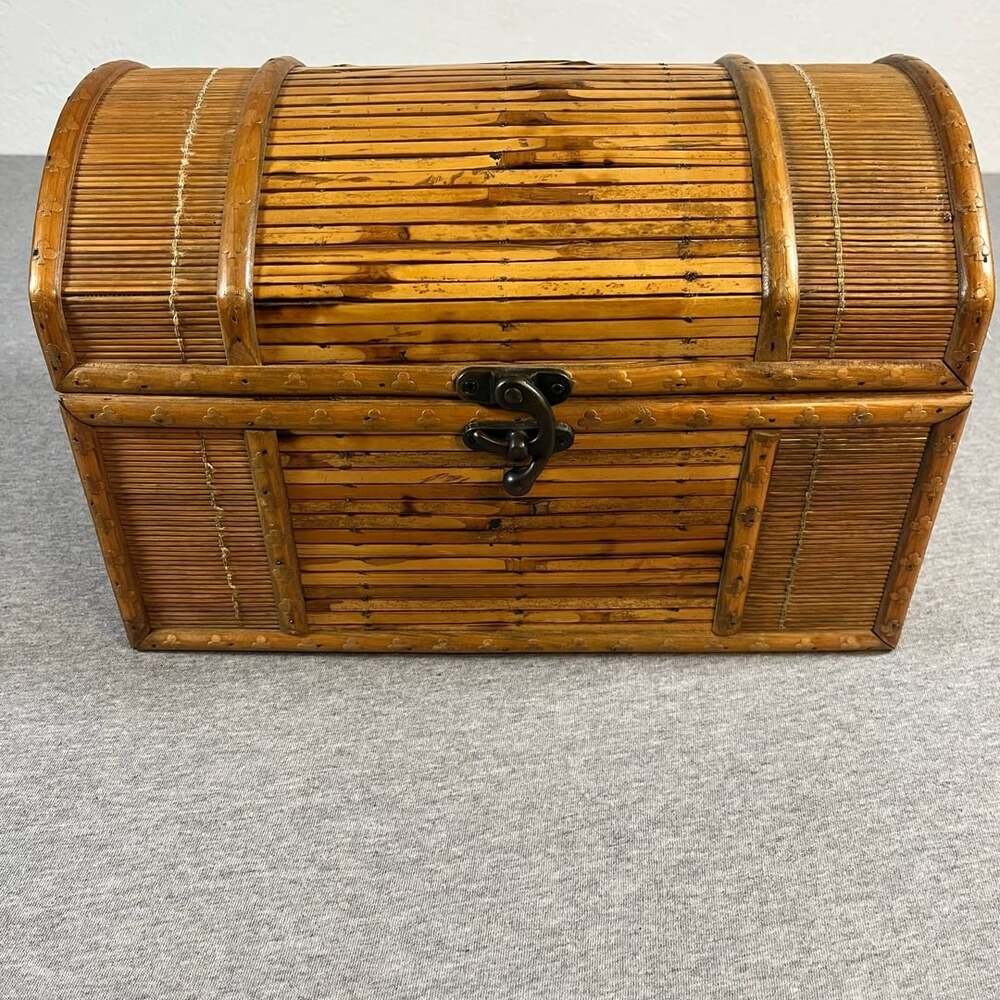 Vintage Bamboo and Wood Storage Box Treasure Chest Trunk